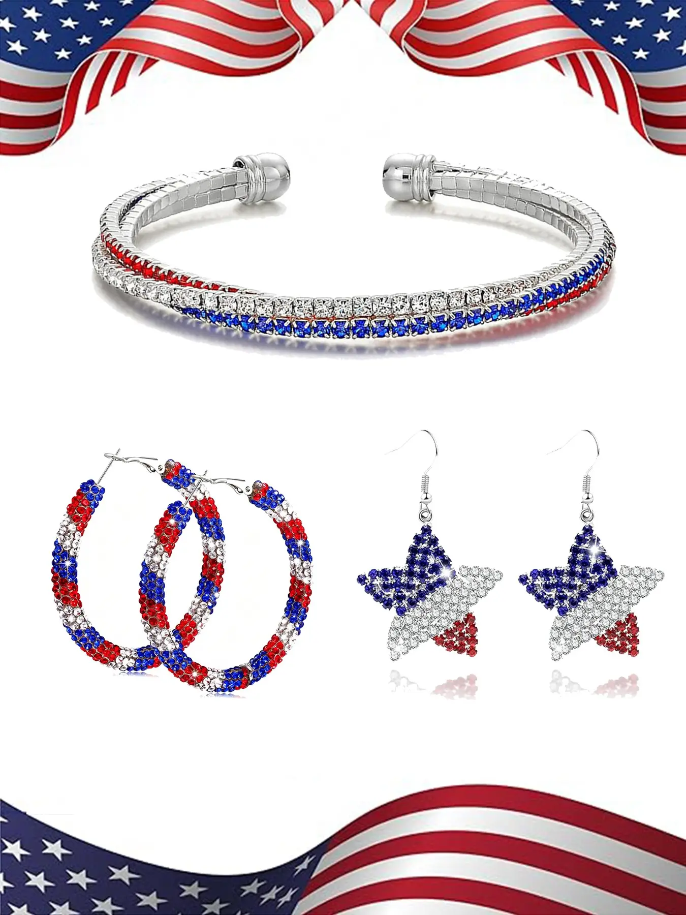 Red White Blue Rhinestone 3-Piece Jewelry Set for Independence Day, star drop & hoop earrings + open cuff bracelet. Patriotic July 4th accessories for women girls. Sparkly USA flag crystal bling gift for 4th of July parades & holiday outfits.
