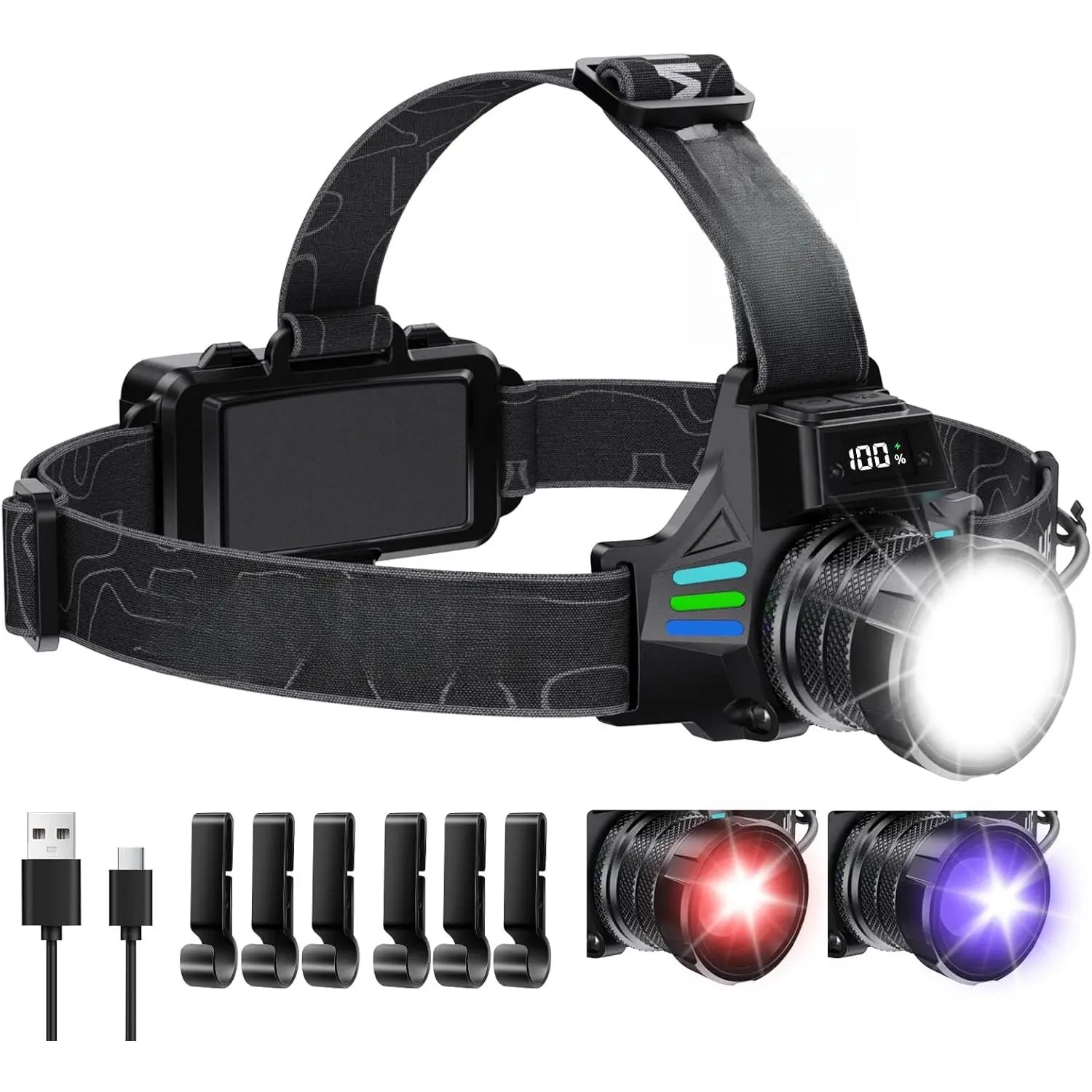 Headlamp Rechargeable with White/Red/UV/Black Light Headlight,1080 High Lumens Super Bright LED Headlamps Battery Powered,16 Modes Waterproof Head Lamp  Hardhat Hunting Pet Urine Detection