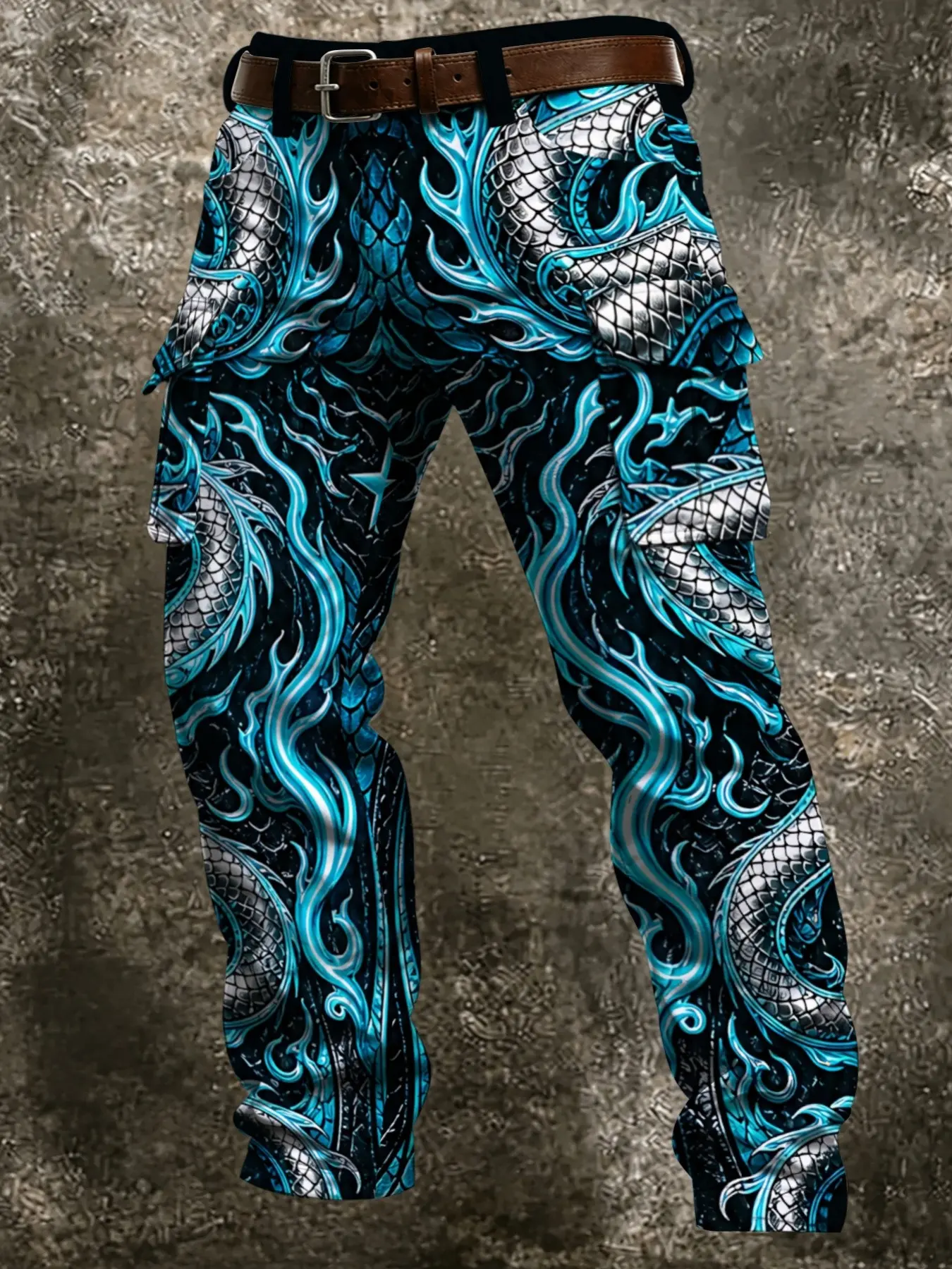 Ice Blue Silver Scales Dragon Workwear Pants, Base with Metal Silver Dragon Scale Pattern, Casual Long Trousers with Large Pockets
