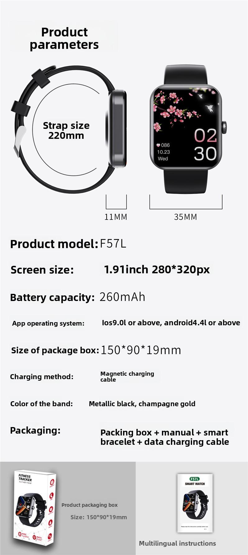 F57L Smart Watch Sports Bracelet Heart Rate Blood Pressure Monitor Body Temperature Sleep Measurement Step Counting Fitness Tracker IP68 Waterproof Smartwatch for Men Women