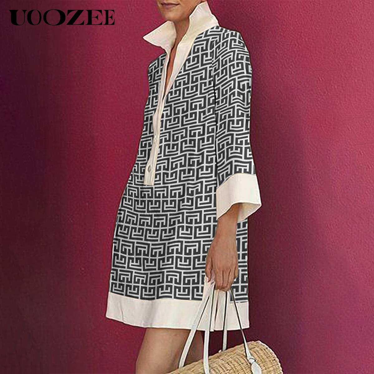 UOOZEE Women's Multicolor Geometric & Printed Lapel Three-Quarter Sleeve Buttoned Collared Mini Dress Casual Summer Shirt Style Stylish Design, No Stretch Daily Multi-Occasion Wear Shirt Mini Dress