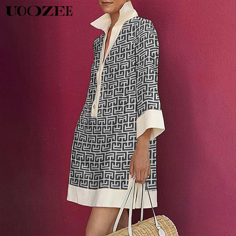 UOOZEE Women's Green Geometric Print Three-Quarter Sleeve Buttoned Collared Mini Dress Casual Summer Shirt Style Stylish Design No Stretch Cotton Blend Soft Everyday Wear Womenswear Spring UOOZEE Women's Green Geometric Print Three-Quarter Sleeve Buttoned Collared Mini Dress Casual Summer Shirt Style Stylish Design No Stretch Cotton Blend Soft Everyday Wear Womenswear Spring