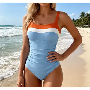 Aidonger Women's Ribbed One Piece Swimsuits Color Block Tummy Control Bathing Suit Slimming 1 Piece Swimwear
