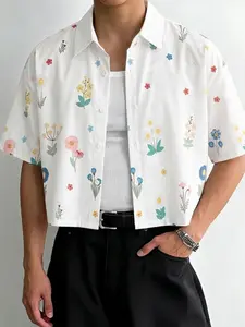 Men's Loose Short Sleeve Shirt, Full Print Drop Shoulder Casual Vacation Top, European and American Style, Comfortable and Stylish
