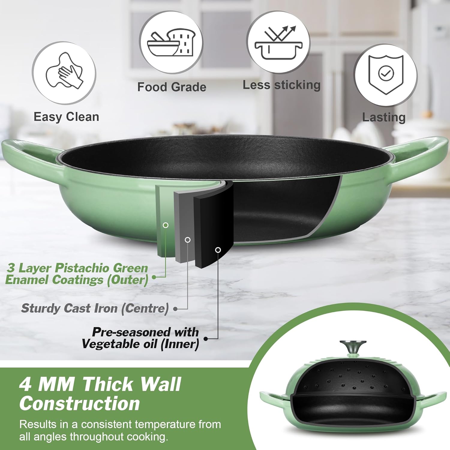 Dutch Oven for Bread Baking, 5.5 Quart Enameled Cast Iron Bread Oven with Lid, Round Bread Pan for Homemade Sourdough Baking, Easy to Clean & Dome Lid, Pistachio Green