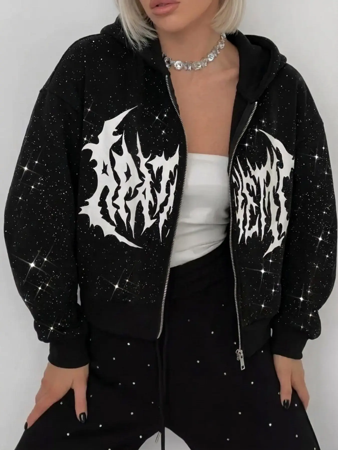 Women's Starry Angel Print Zipper Hoodie Coat, Gothic Style Angel Glitter Loose Fit, Fall Winter Casual Long Sleeve Top