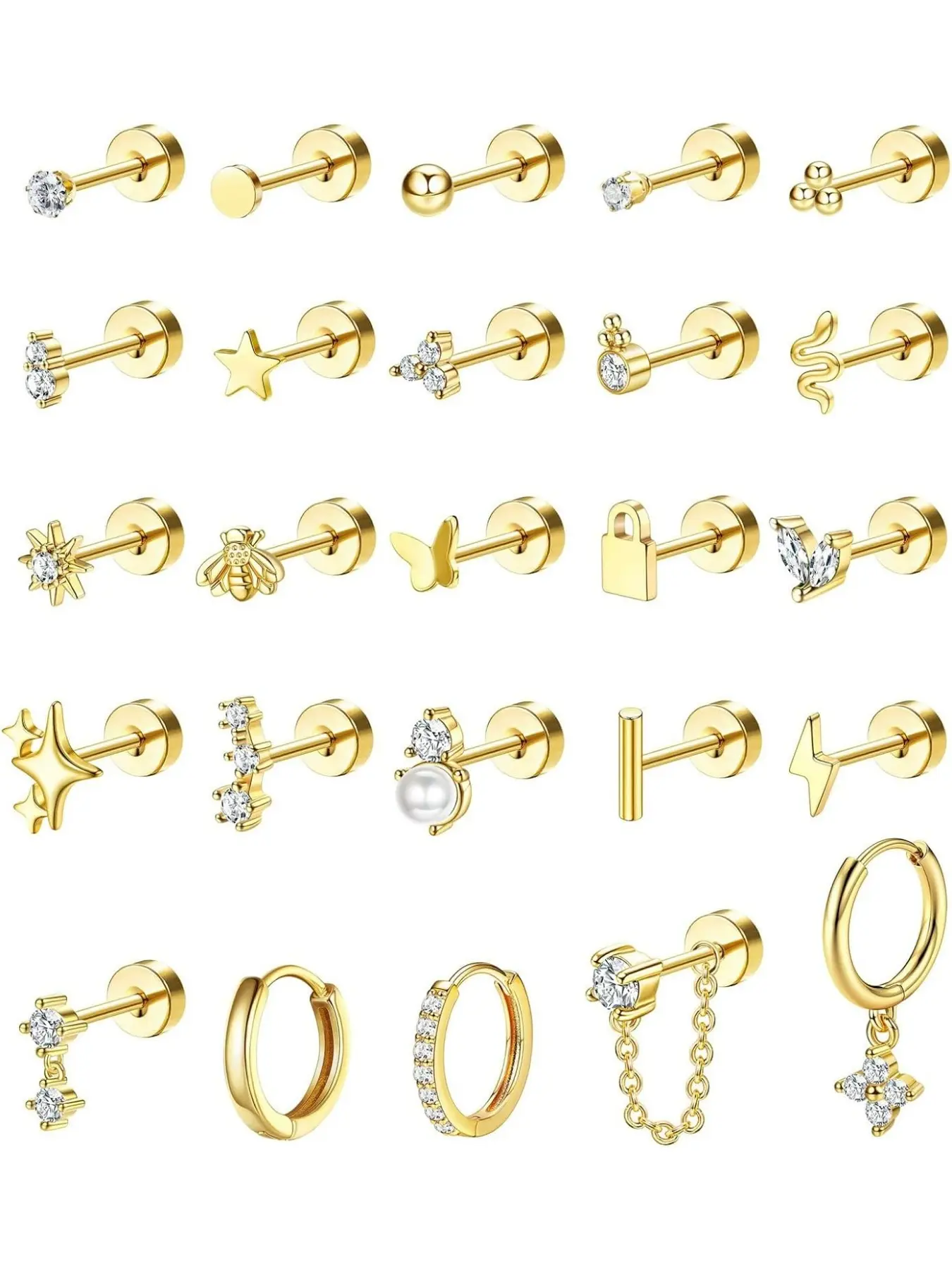 Hypoallergenic Surgical Steel Earrings for Sensitive Ears Dainty Gold Flat Back Earrings for Women Men Small Flatback Stud Hoop Cartilage Earring Set for Multiple Piercing (Single Earrings Not A Pair)
