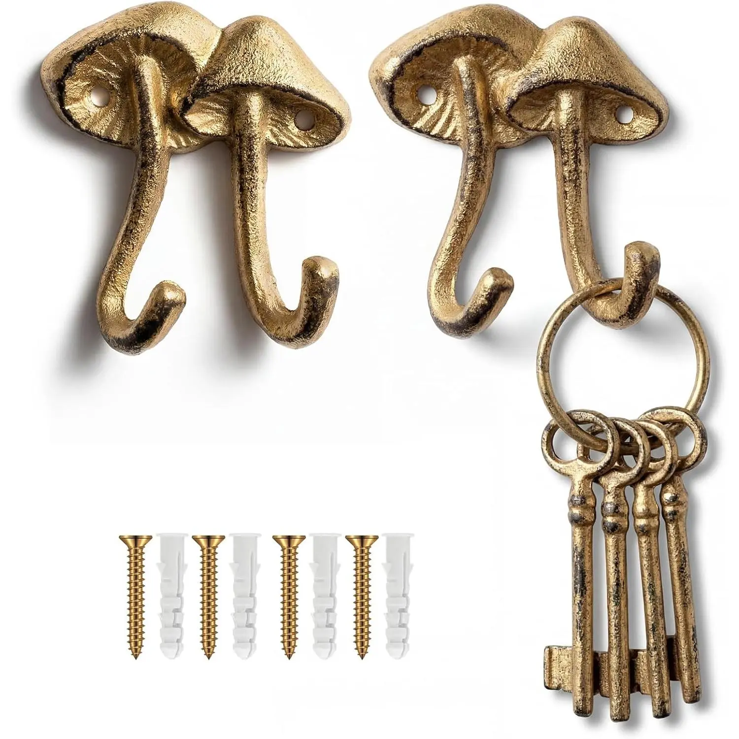 Frienda Set of 2 Mushroom Wall Hook Antique Decorative Coat Hook Heavy Duty Wall Hanger Mushroom Rack Hanger with 2 Hooks and Screws for Hanging Clothes, Coats, Towels, Keys and Hats (Gold)