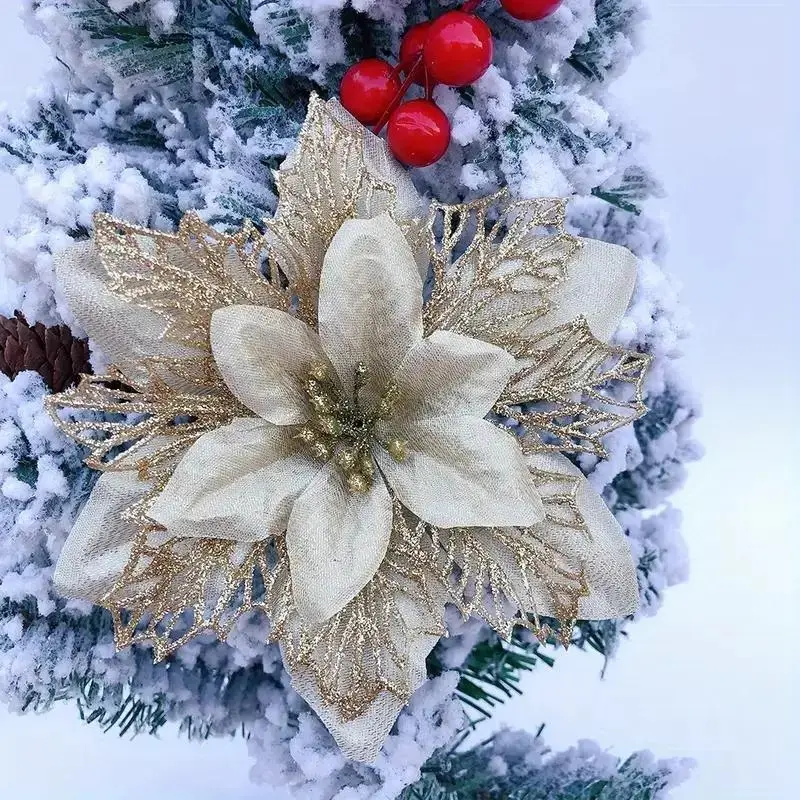 Luxury Pink Christmas Flower Picks with Glitter Leaves and Berry Stems for Xmas Tree Decoration, Festive Artificial Floral Ornaments for Winter Home Fireplace Wedding Party Arrangement and Holiday Gift for Women Family Friends