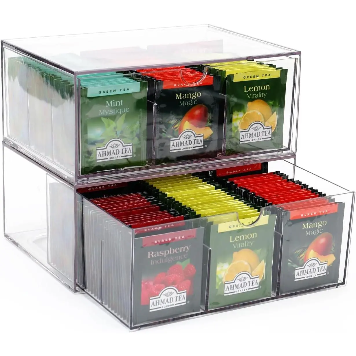 CLUQMEIK 2 Large Acrylic Tea Bag Organizer, 9 Grids Tea Organizers and Storage with Acrylic Drawers Stackable, Teabag Holder Organizer for Counter Countertop Kitchen Cabinet