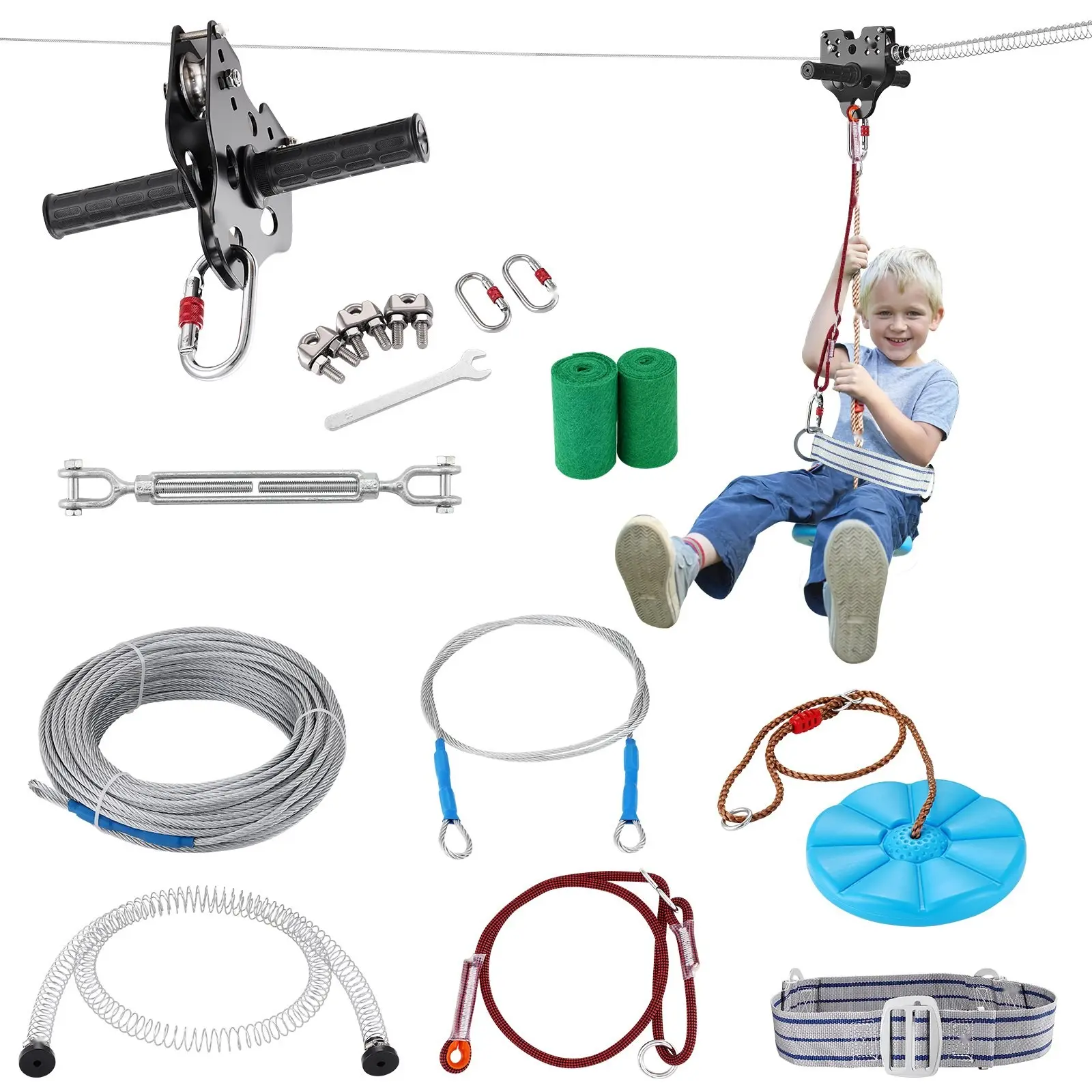 Zipline Kit for Kids and Adults, 80 ft Zip Line Setup, Supports Up to 500 lb, Backyard Outdoor Quick-Install Zipline for Playgrounds, Stainless Steel Cable System with Spring Brake, Safety Harness and Seat Included