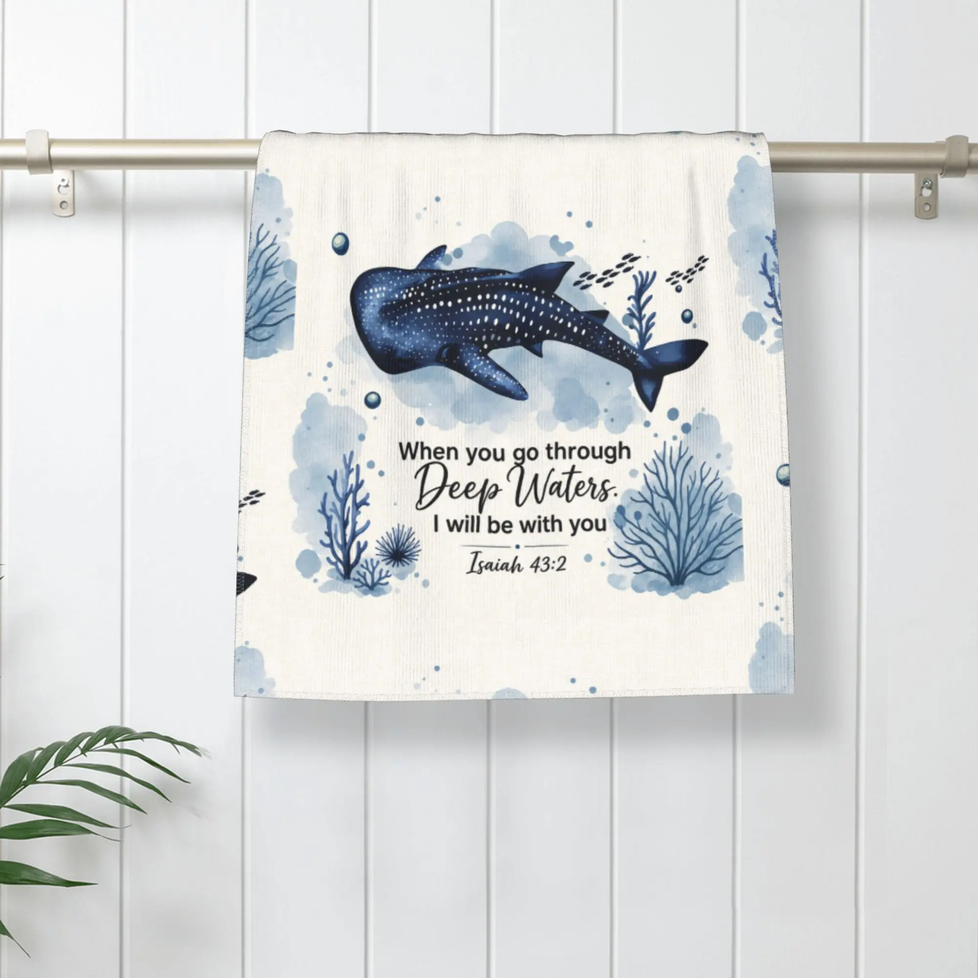 Fluffy Personal Customizable Whale-Themed Microfiber Hand Towel - 300g Polyester Soft Absorbent Bathroom Towel, Isaiah 43:2 Inspirational Quote Print, Multi-Use Small Plush Face Cloth for Home, Travel & Gift