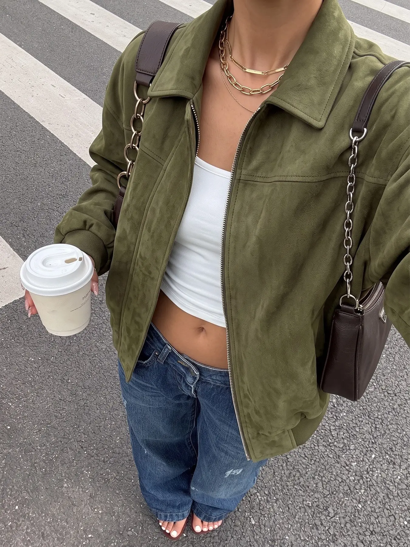 Women Old Money Vintage Relaxed Short Jacket Matte Faux Suede Solid Olive Green Lapel Full Zip Oversized Drop Lantern Sleeve Elastic Cuff High Waist Cropped Utility Outerwear For City Street Daily Commute Travel Wear 2026 Trendy #olivesuedecroppedjacket #