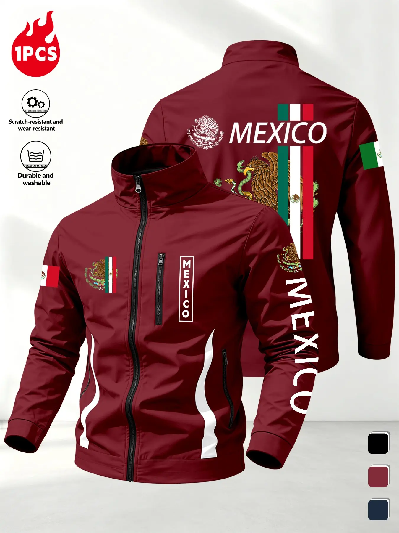 Mexican Emblem Print Men's Stand Collar Jacket, Long Sleeve Sporty Loose-Fit, Windproof Durable, Casual Outdoor Coat with Pockets