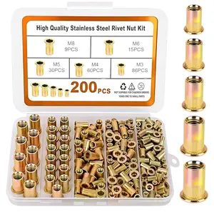 1/4-20 Rivet Nuts, 200 count Carbon Steel Zinc Plated Rivet Nut, Flat  UNC 1/4-20 Rivet Nut, Knurled  Threaded Insert Rivnut Nutsert for Furniture, Automotive Mechanical Repair (200, 001)