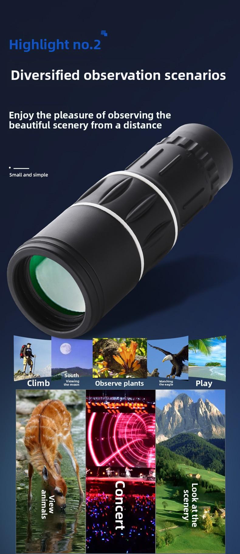 Outdoor Portable 16X52 Monocular Telescope High Magnification HD Low-Light Night Vision Mobile Phone Camera Telescope