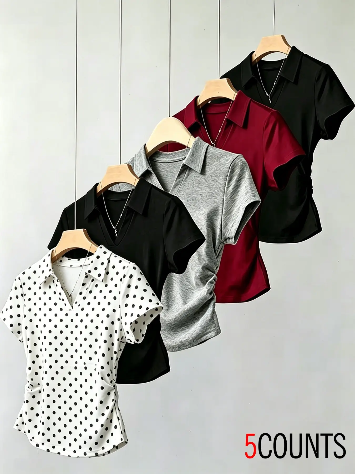 5packs Solid Collar V Neck Short Sleeve T-Shirt, Side Ruched Slim Fit, Retro Style, Spring Summer Office Casual Polo Top