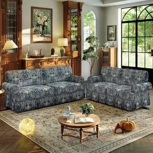 Aobtkel® 93.7" Luxuriously Comfortable 4-Seater Cloud Sofa, Oxford Fabric Sofa with Elegant Rolled Arms, Pleated Skirt Design, 26.4" Extra Deep Seat for Apartment, Office, Blue Floral