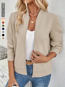 Women's Solid Textured Zip Up Jacket, Casual Long Sleeve Mock Neck Outerwear for Spring & Fall, Ladies Tops for Daily Wear