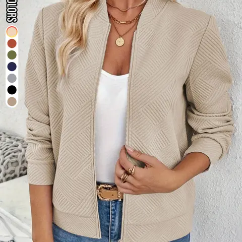 Women's Solid Textured Zip Up Jacket, Casual Long Sleeve Mock Neck Outerwear for Spring & Fall, Ladies Clothes for Daily Wear, Fashion Casual Outerwear