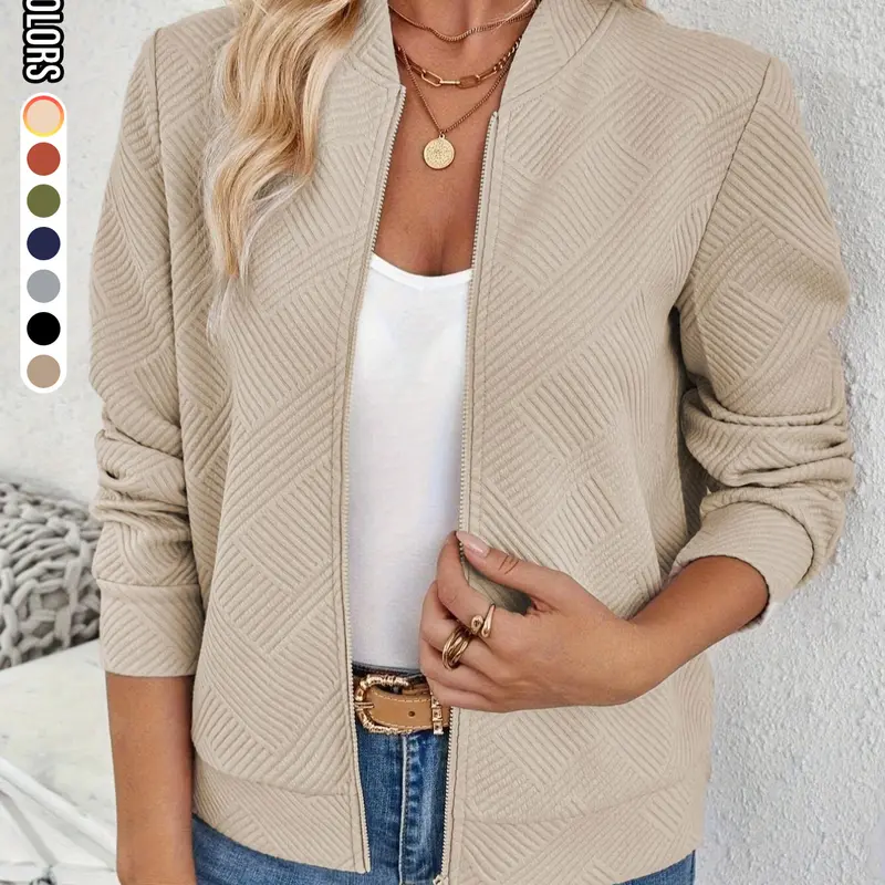 Women's Solid Textured Zip Up Jacket, Casual Long Sleeve Mock Neck Outerwear for Spring & Fall, Ladies Clothes for Daily Wear, Fashion Casual Outerwear