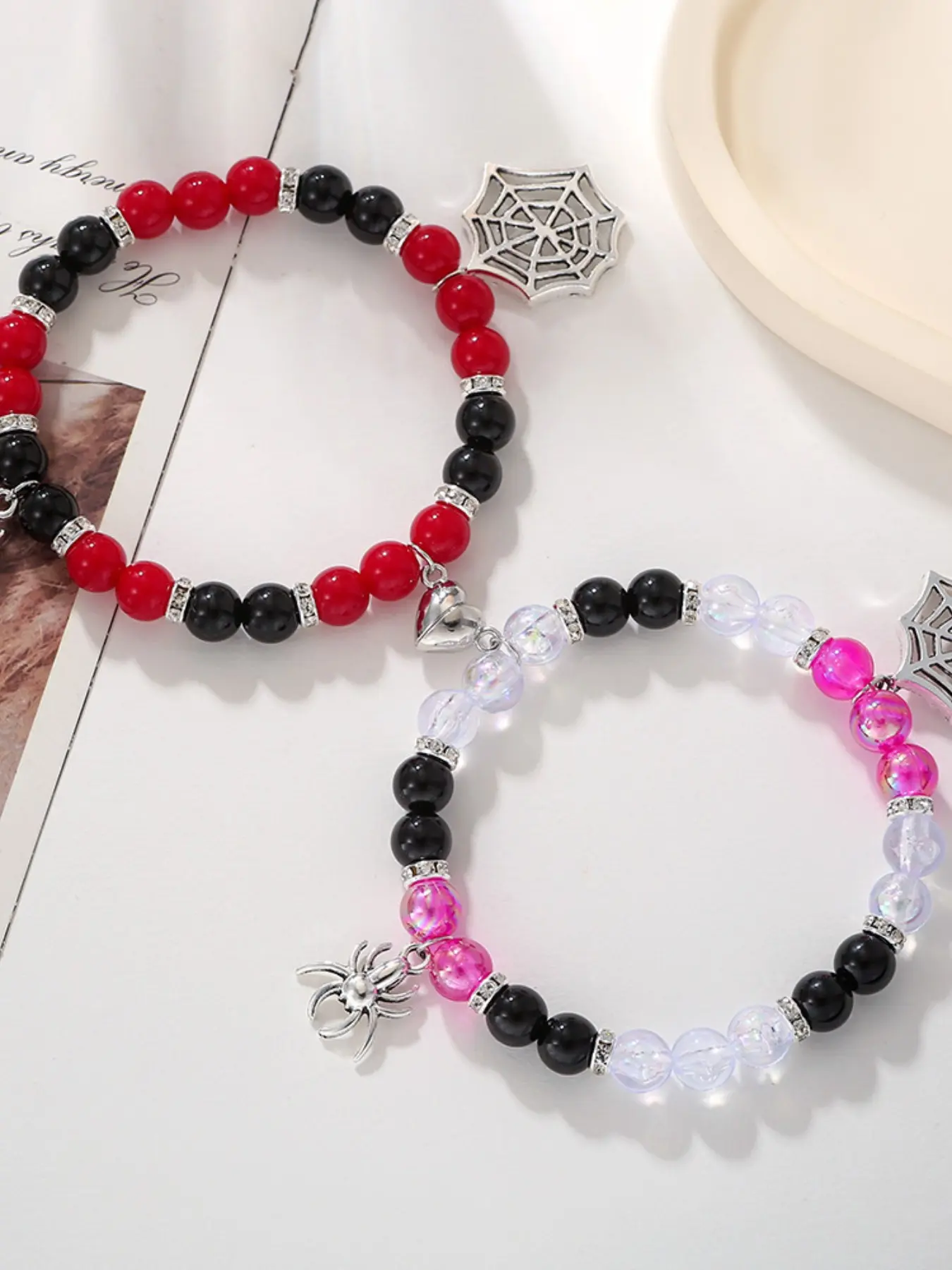 Heart Magnet Couple Bracelet, Gothic Spider Design, Adjustable Elastic Band, Beads, Eternal Gift for Friends and Lovers, Crystal Bracelets