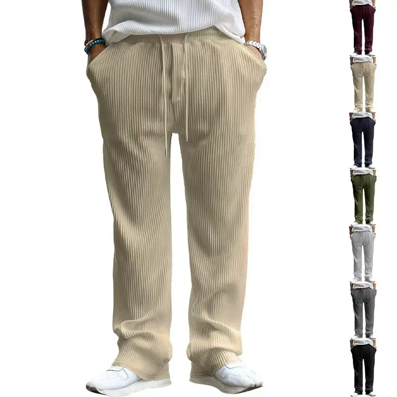 Men Lightweight Vertical Ribbed Wide Leg Pants Elastic Waist Drawstring Loose Fit Casual Streetwear Sweat Pants with Side Pockets