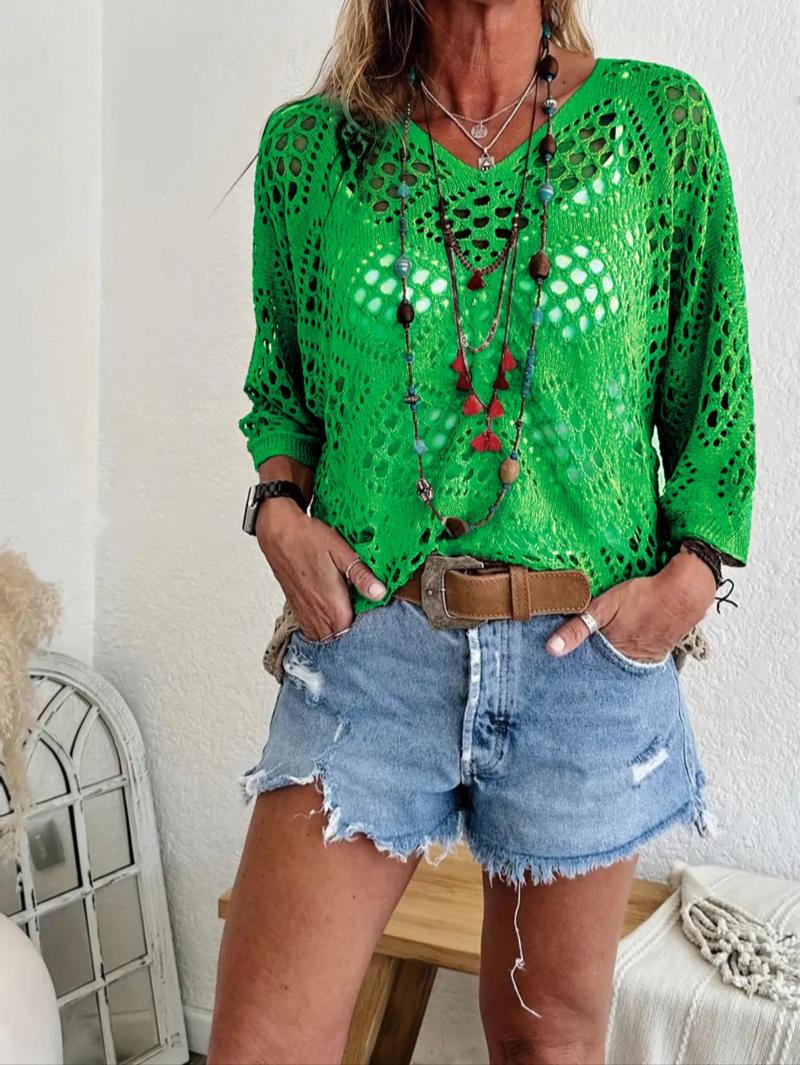 Plus Size Solid Hollow Out Drop Shoulder Knit Top, Casual V Neck Three Quarter Length Sleeve V Neck Knitwear for Summer, Women's Plus Clothing for Daily Wear