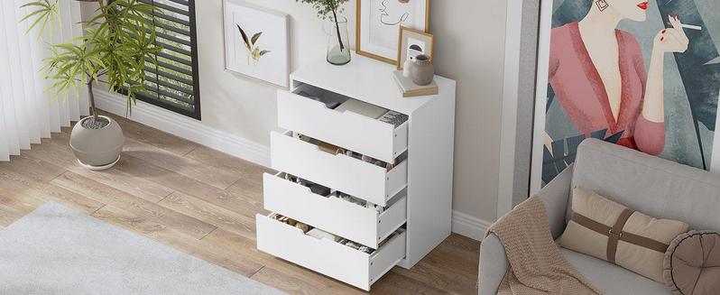 Sikaic Modern White Dresser with 4 Drawers Freestanding Wood Cupboard for Bedroom Living Room Hallway Storage Chest of Drawers with Metal Slide Rail Anti-tipping Belt