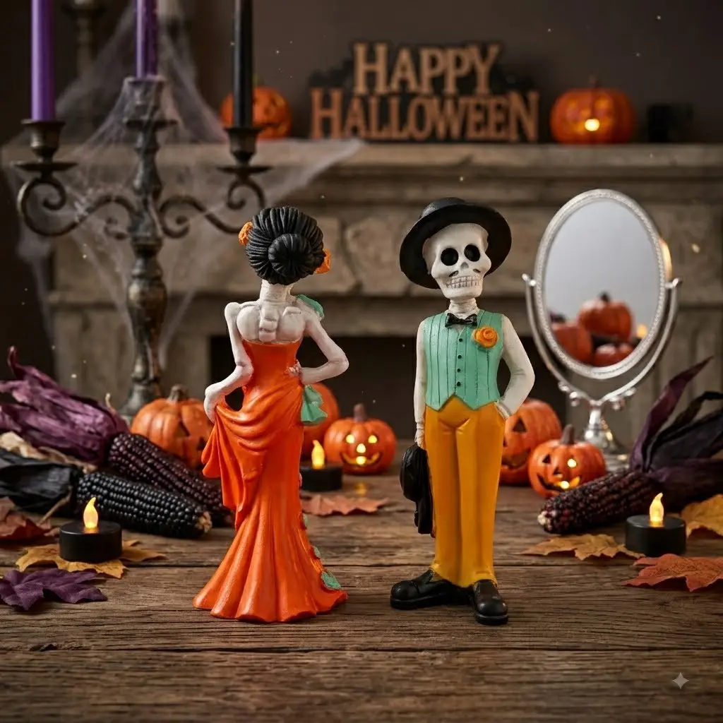 Upulipuli Dia de Muertos 2PCS Skeleton Couple Statue - Elegant Groom & Dancing Bride Resin Decor/Mexican Catrina Altar Display/Latin Wedding Creative Gift/Movie-Themed Window Art/Gothic Home Collectible/Halloween Festive Party Prop - Hand-Painted Costumes