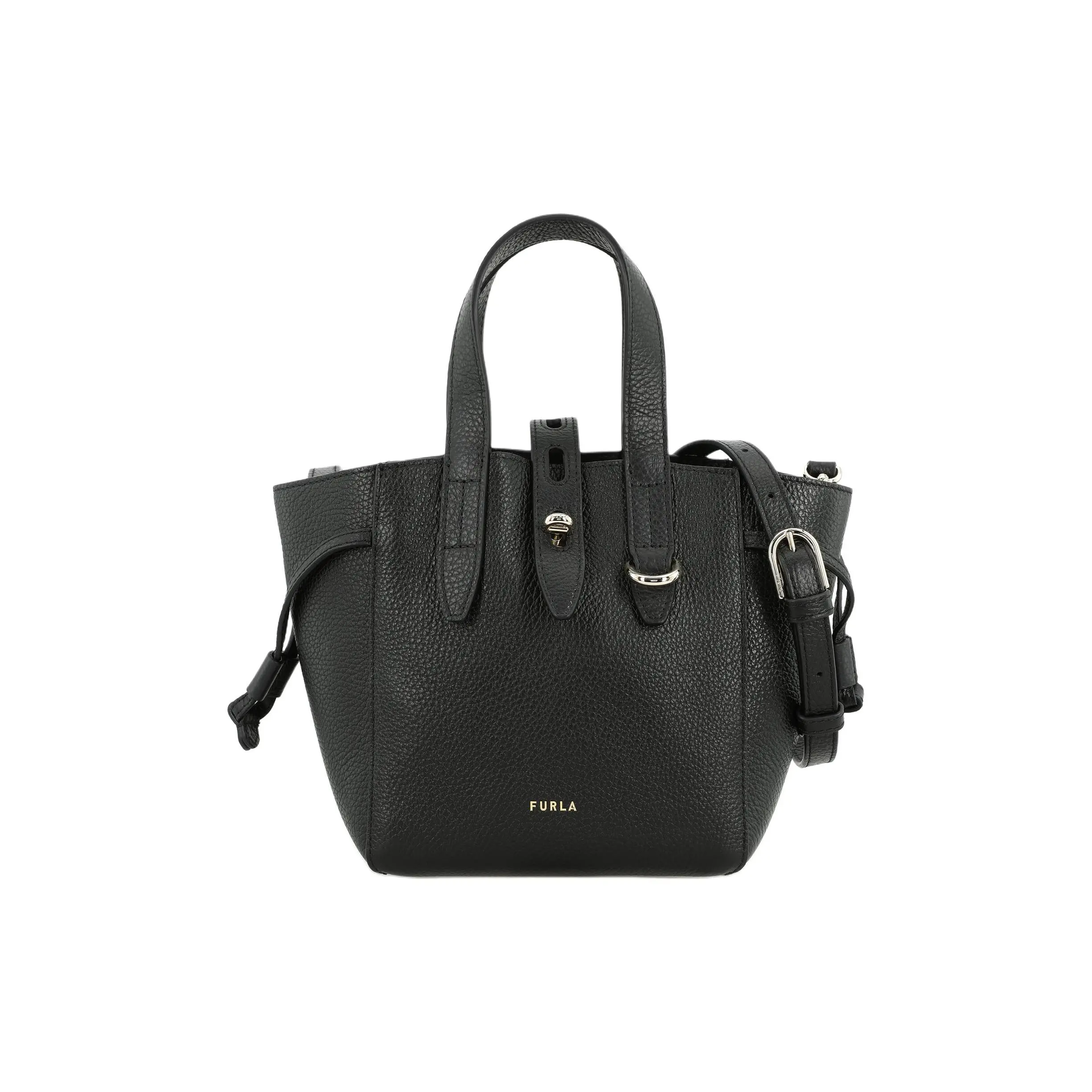 Furla Net Series 17 Nero Calfskin Basket Tote Bag for Women, Adjustable Detachable Strap, Mini Crossbody Handbag