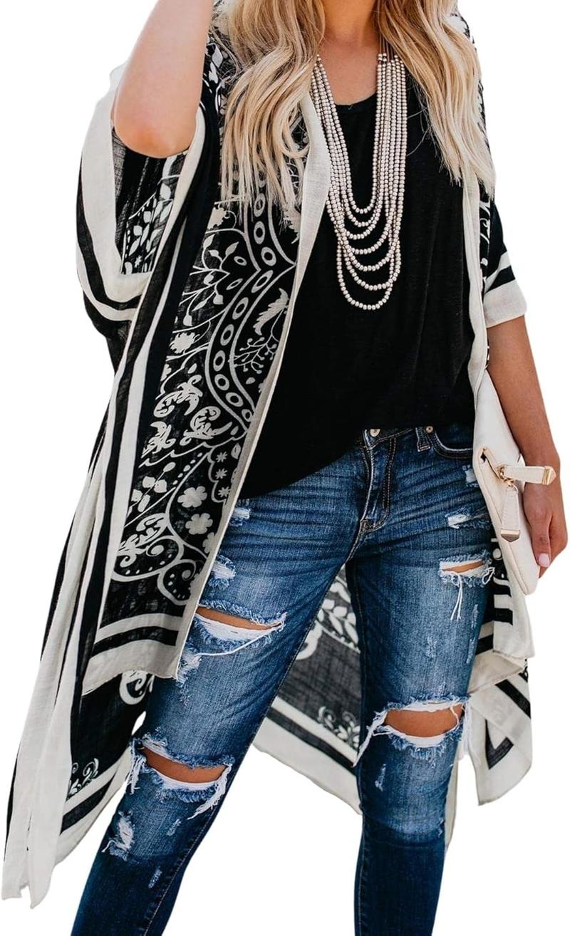 Black and White Kimono Cardigan for Women Lightweight Flowing Open Front Cover Up with Boho Ethnic Print Chic Monochrome Style Ideal for Summer Beach Vacation Cruise Pool Resort Travel Daily Layer for Sun Protection or Casual Outfits Black and White Kimono Cardigan for Women Lightweight Flowing Open Front Cover Up with Boho Ethnic Print Chic Monochrome Style Ideal for Summer Beach Vacation Cruise Pool Resort Travel Daily Layer for Sun Protection or Casual Outfits