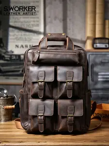 S.WORKER Vintage Genuine Leather Backpack  Laptop Bag Casual Crazy-horse Leather School Bag Outdoor Travel Weekender Bag