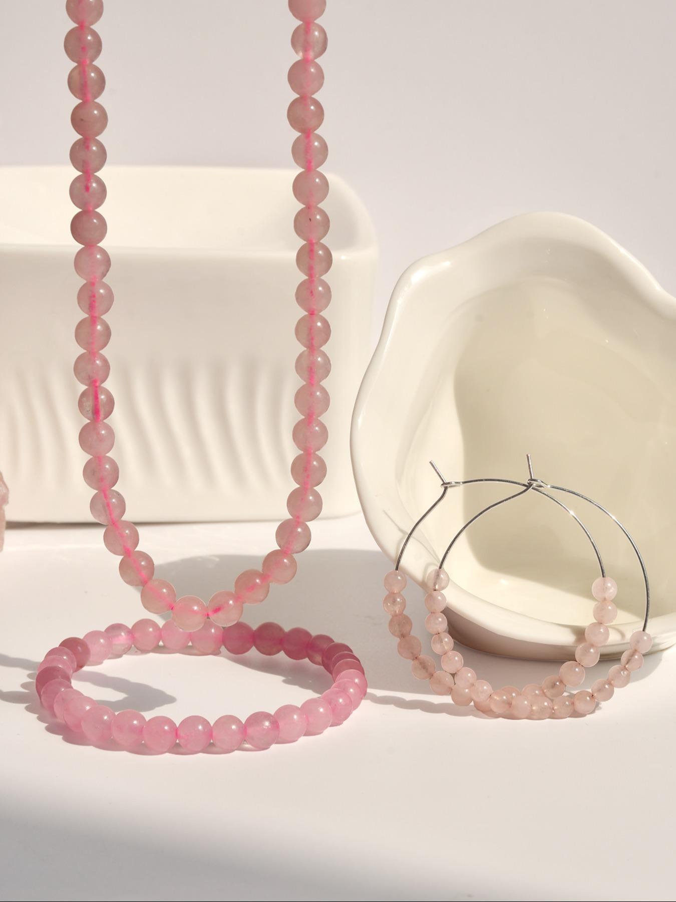 Fashion Simple Natural Pink Crystal Jewelry Set, Including Necklace & Earrings & Bracelet, Casual Jewelry Set for Women, Fashion Accessories for Party, Daily Clothing Decor