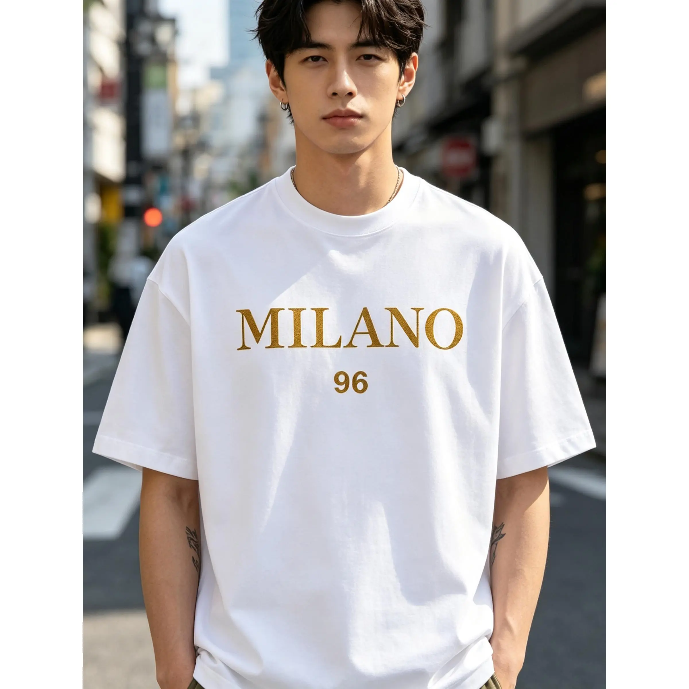 Men's Cotton Short-Sleeve Round Neck T-Shirt - Classic Soft Fabric, Gold Foil Milano Print, Breathable Minimalist Sports Top, Summer Streetwear, Unisex Gift, Tropical White Gym Shirt, Shortsleeve, Plus Size, Menswear, Graphics, Casual, Tshirt, Fitted