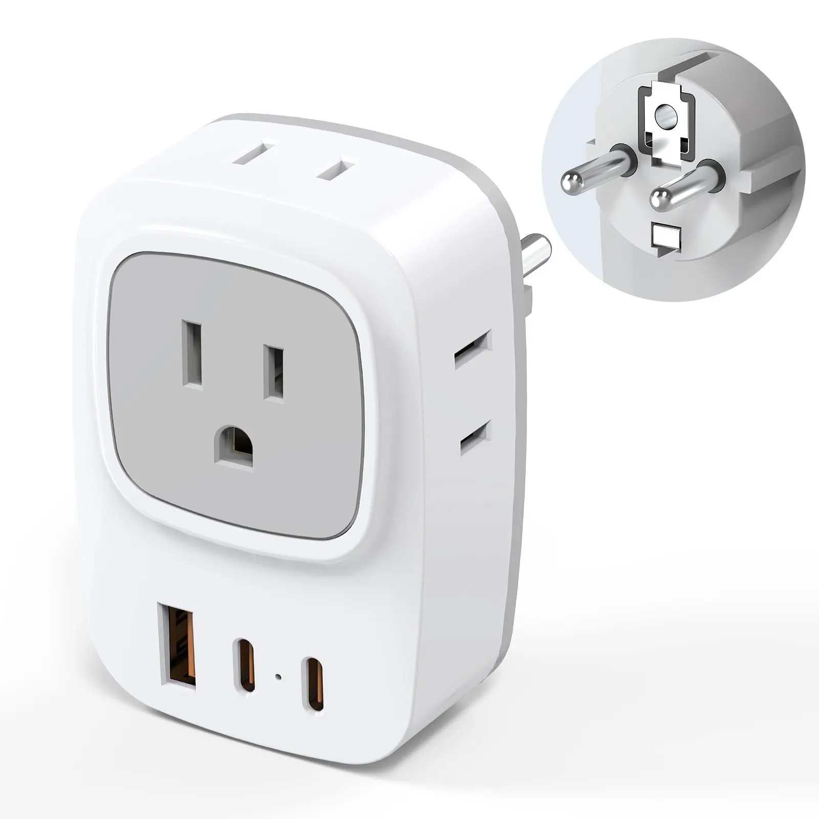US to Europe Type C Travel Adapter Plug, International Power Converter with 4 AC Outlets, Multi Ports, 1 USB-A & 2 USB-C Charging Ports, Wall Power Adaptor for Germany France Italy Spain Portugal Vacation Travel