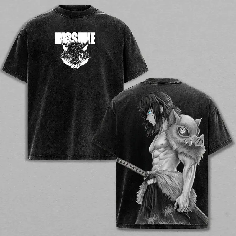 Inosuke Anime Washed Tee – Demon Slayer Vintage Manga T-Shirt, Cool Japanese Anime Graphic Shirt, Oversized Streetwear Trendy Otaku Gift, Aesthetic Shonen Anime Tee men clothing
