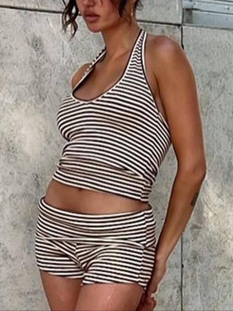 Women's Casual Striped Halter Neck Crop Top & Shorts Set, Summer Fitted Two-Piece, Stretchy Outfit Sets, Regular Length, Moderate Fabric Thickness