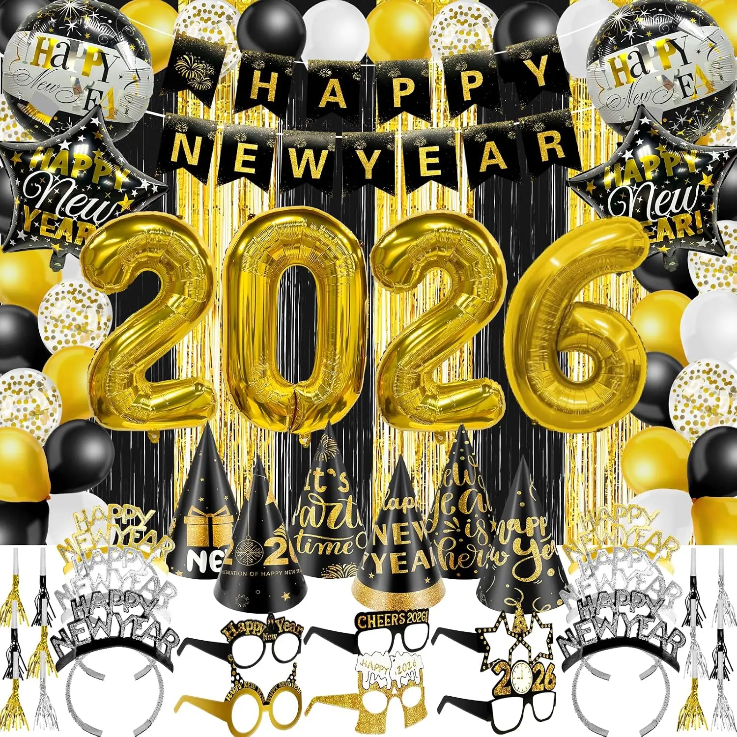 81-Piece 2026 Eve Party Supplies Kit (Serves 12) - Festive Decorations & Gifts with 36" Large Foil Balloons, Black Curtains, Banner, Hats, Headbands, Glasses, Noisemaker, Transparent Wall Props, Photo Accessories