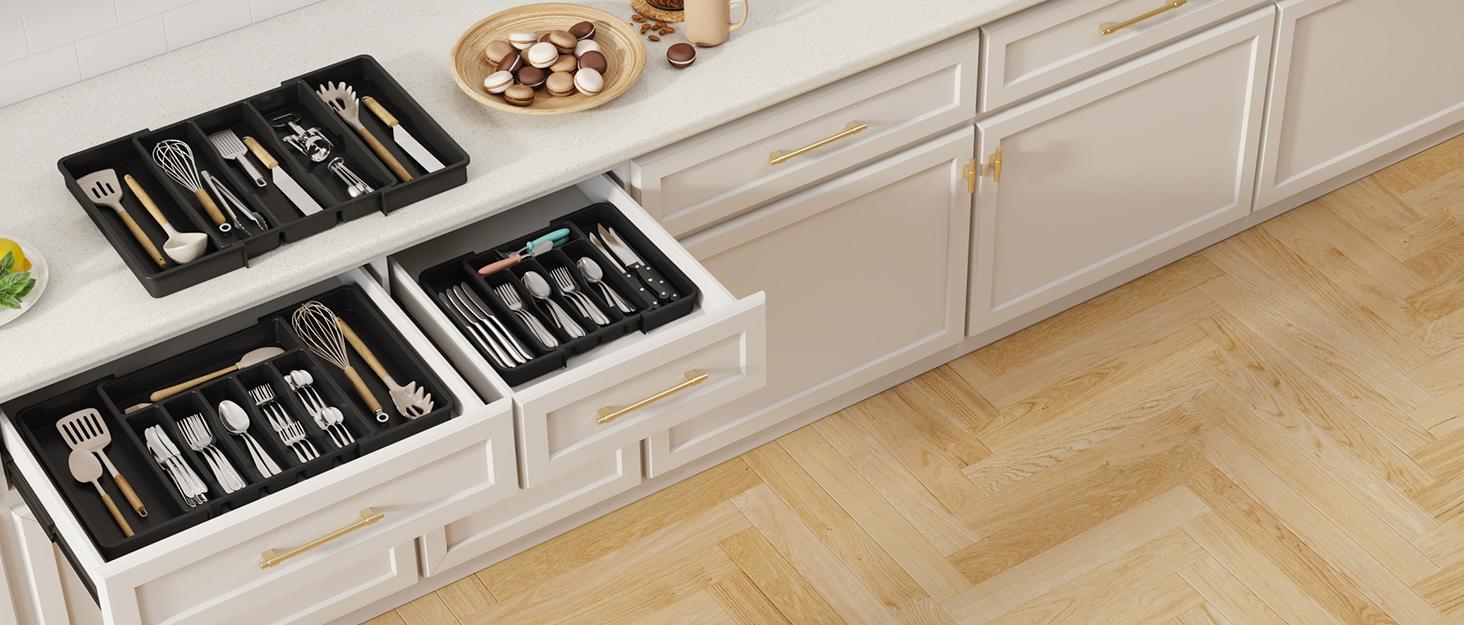 Utensil Organizer for Kitchen Drawer, Expandable Cooking Silverware Tray, Adjustable Cutlery Flatware Holder, Plastic Spatula Tools Storage Divider, 13-22.4 x 15", Black