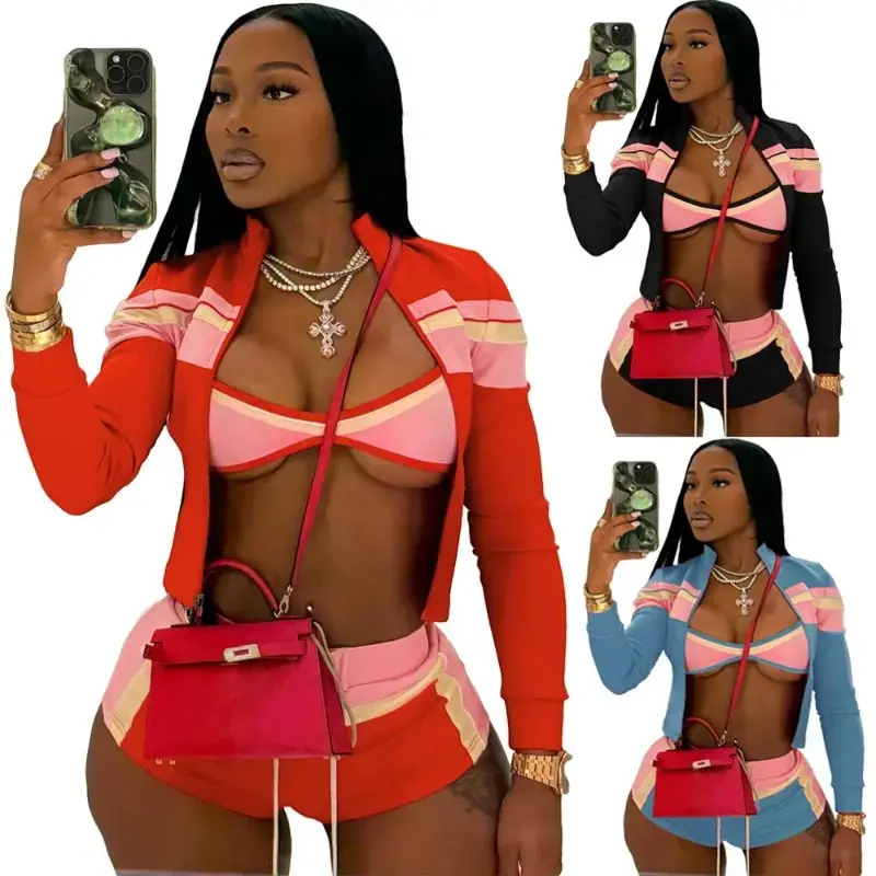 Sexy Women's Athletic Dress Tracksuit Workout Jogger Outfits Contrast Color Jacket Bra Shorts 3 Piece Gym Set Summer Streetwear