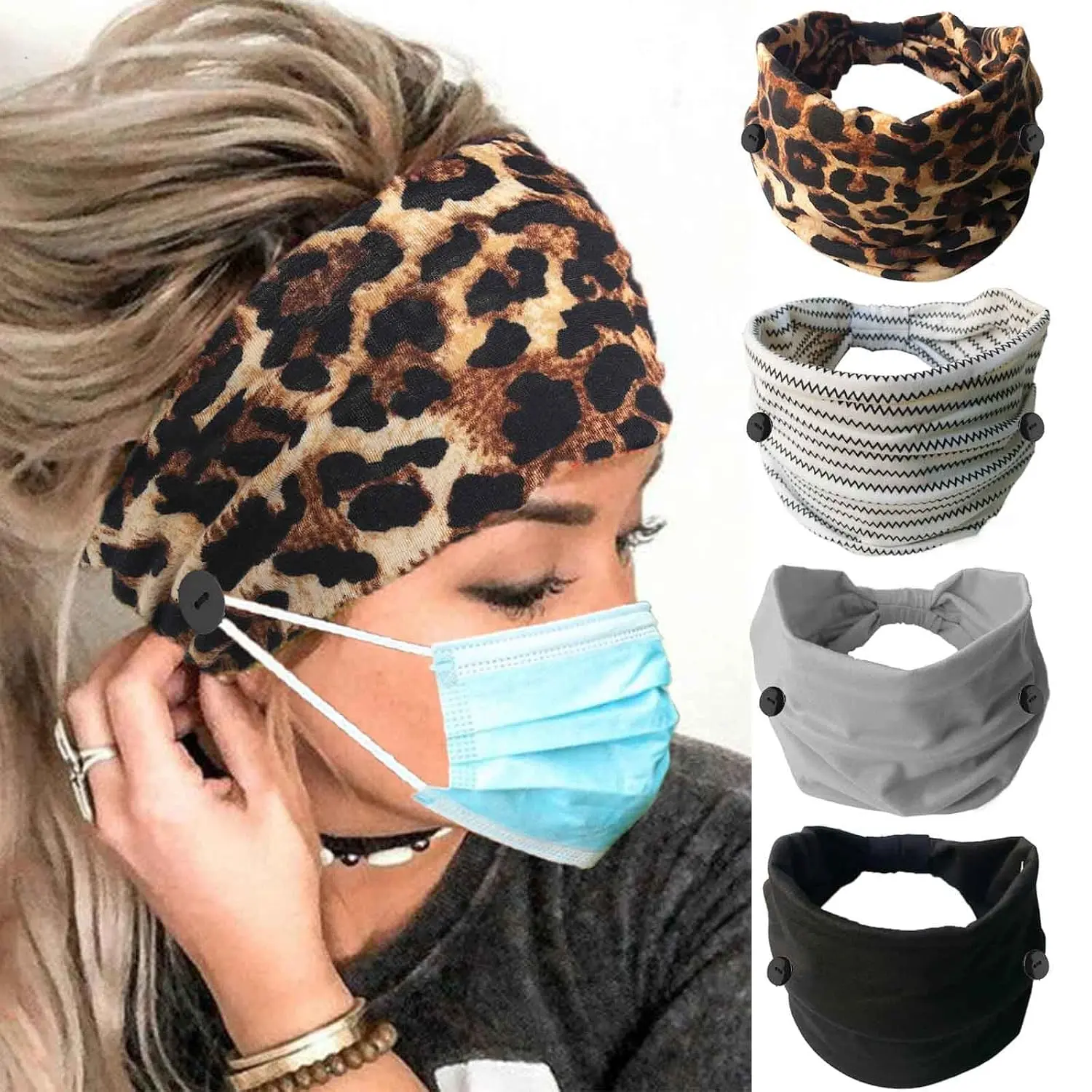 Leopard Button Headband Wide Elastic Nurse  Bands Workout Yoga  Hair Band Non Slip Turban Headwrap Mask Ear Saver Sweatband Boho Hair Accessories for Women 4 count (#1 Leopard)