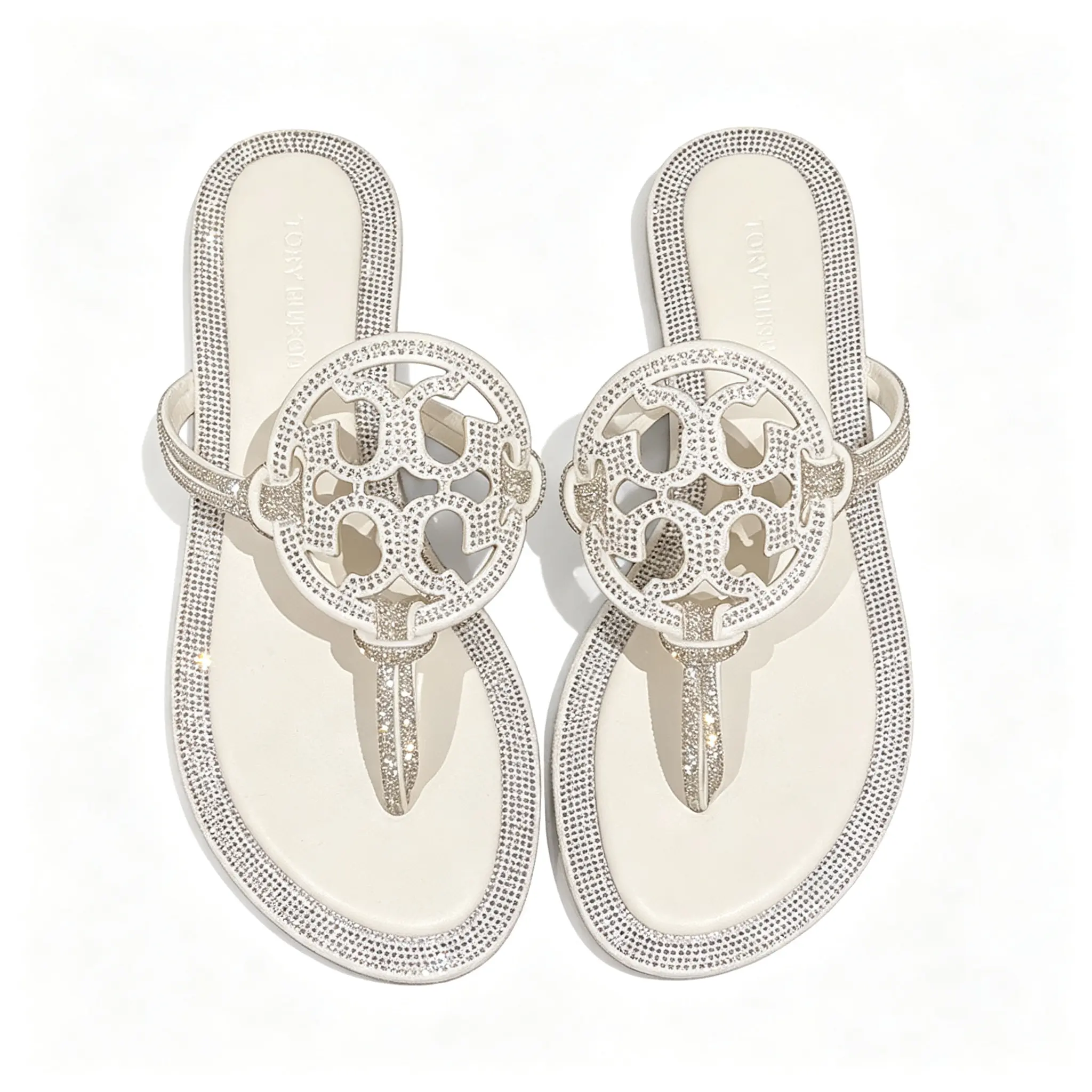 Women White Rhinestone Hollow Cutout Thong Sandals Sparkly Crystal Slip On Flip Flops Soft Cushioned Flat Summer Beach Casual Walking Slide Sandals For Ladies