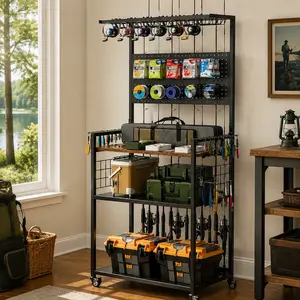 4-in-1 Storage System ARCH Fishing Rod Rack with Pegboard Rolling Tackle Cart, Heavy-Duty Metal Holders, Lockable Wheels, Spinning Gear Organizer, Black MDF+Metal, Assembled Dimensions:15.75"w x29.00"d x65.60"h, 43.87 lb