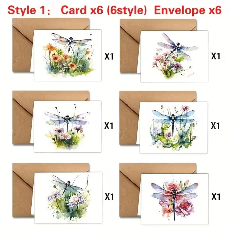 Watercolor Dragonfly Wildflower Cards Set, Includes Envelopes, Perfect for Birthday, Thank You, Congratulations, Wedding, Valentine's Day