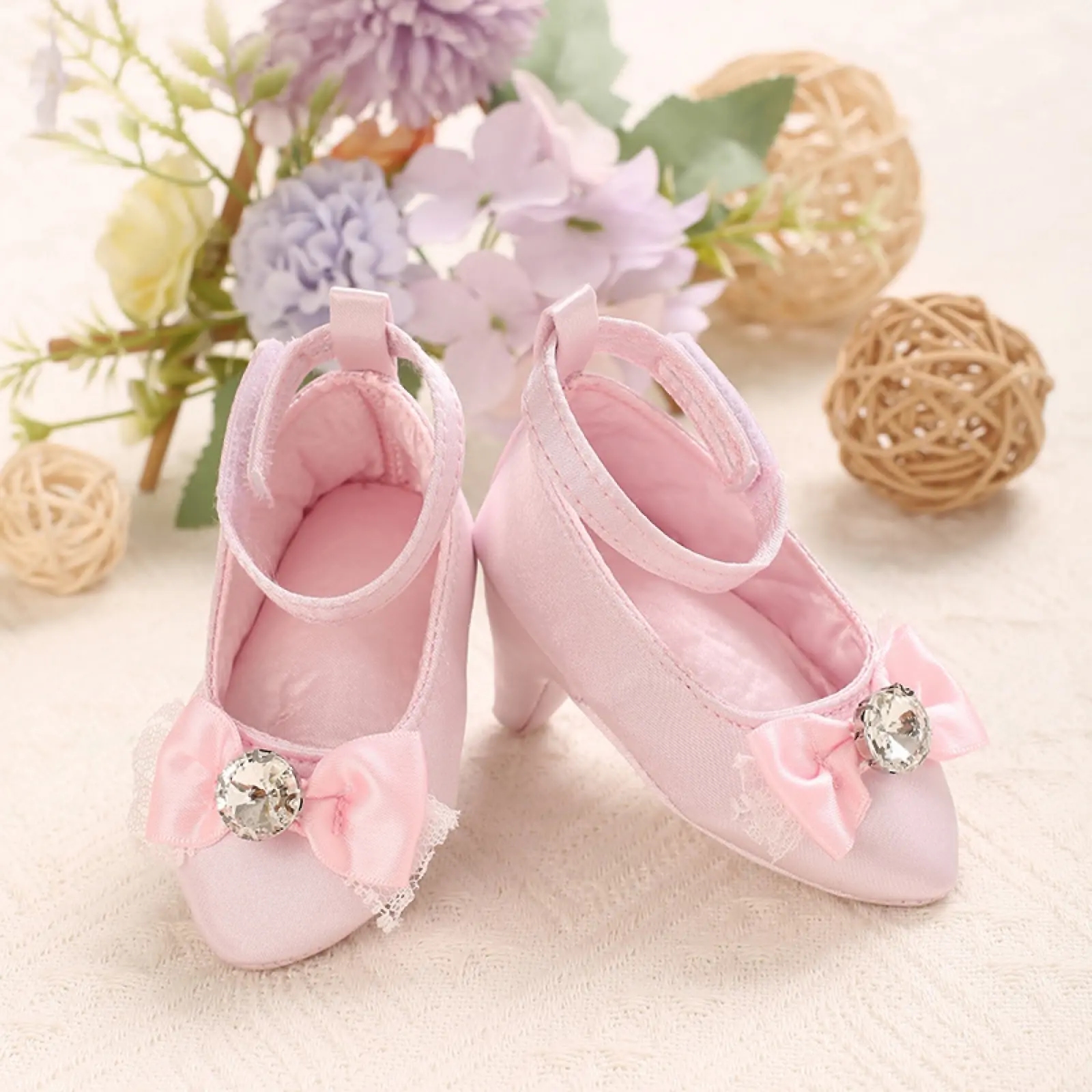 Princess Pink 0-6M High Heel Crib Shoes Ankle Strap Bow Detail Rhinestone Accent Lace Trim Soft Sole Satin Photography Non-Slip Baby Girls Clothing Infant Toddler White Shoes Girl Photography Props Baby Boy Stuff