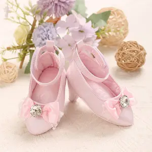 Princess Pink 0-6M High Heel Crib Shoes Ankle Strap Bow Detail Rhinestone Accent Lace Trim Soft Sole Satin Photography Nonslip Baby Girls Clothing Toddler White Shoes Girl Photography Props