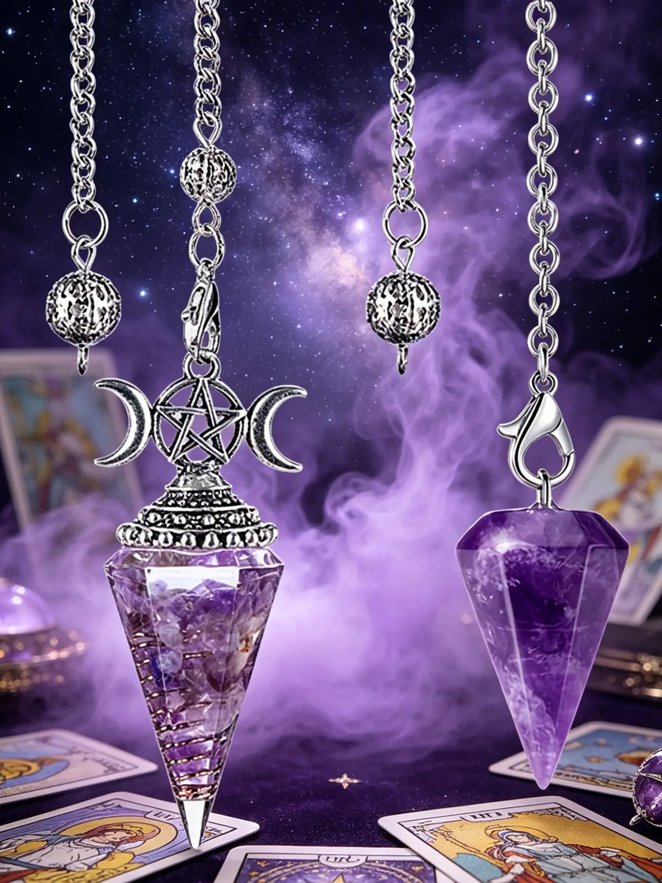 2pcs Amethyst Spiritual Pendulum, Hexagonal Mining Tool, Crystal Pendant with Chain, Pendant with Necklace, Ideal for Balance, Halloween, Christmas Gifts, Divination