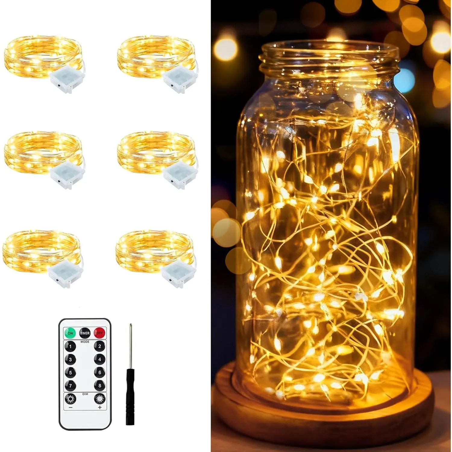 6 PCS Warm White Fairy Lights Battery Operated with Remote & Timer, 7 Ft String Lights 20 Mini LED, Waterproof Twinkle Lights 8 Lighting Modes for DIY, Party, Wedding, Bedroom Decor