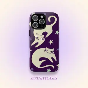 Celestial Star Cats Purple Phone Case Cute Y2K Grunge Whimsical Cool Girl Gift iPhone Pro Max 17 16 15 14 13 12 Samsung Galaxy S26 S25 S24